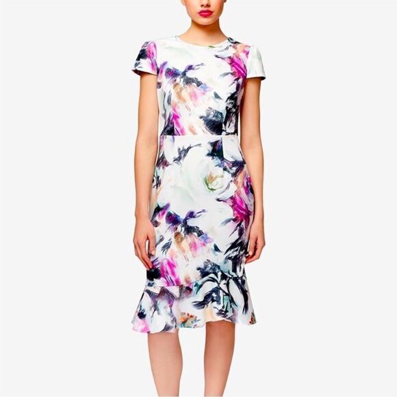 Betsey Johnson Midi Dress White  Floral Scuba Knit  Womens Sz 4  Sheath Cocktail - Picture 1 of 14